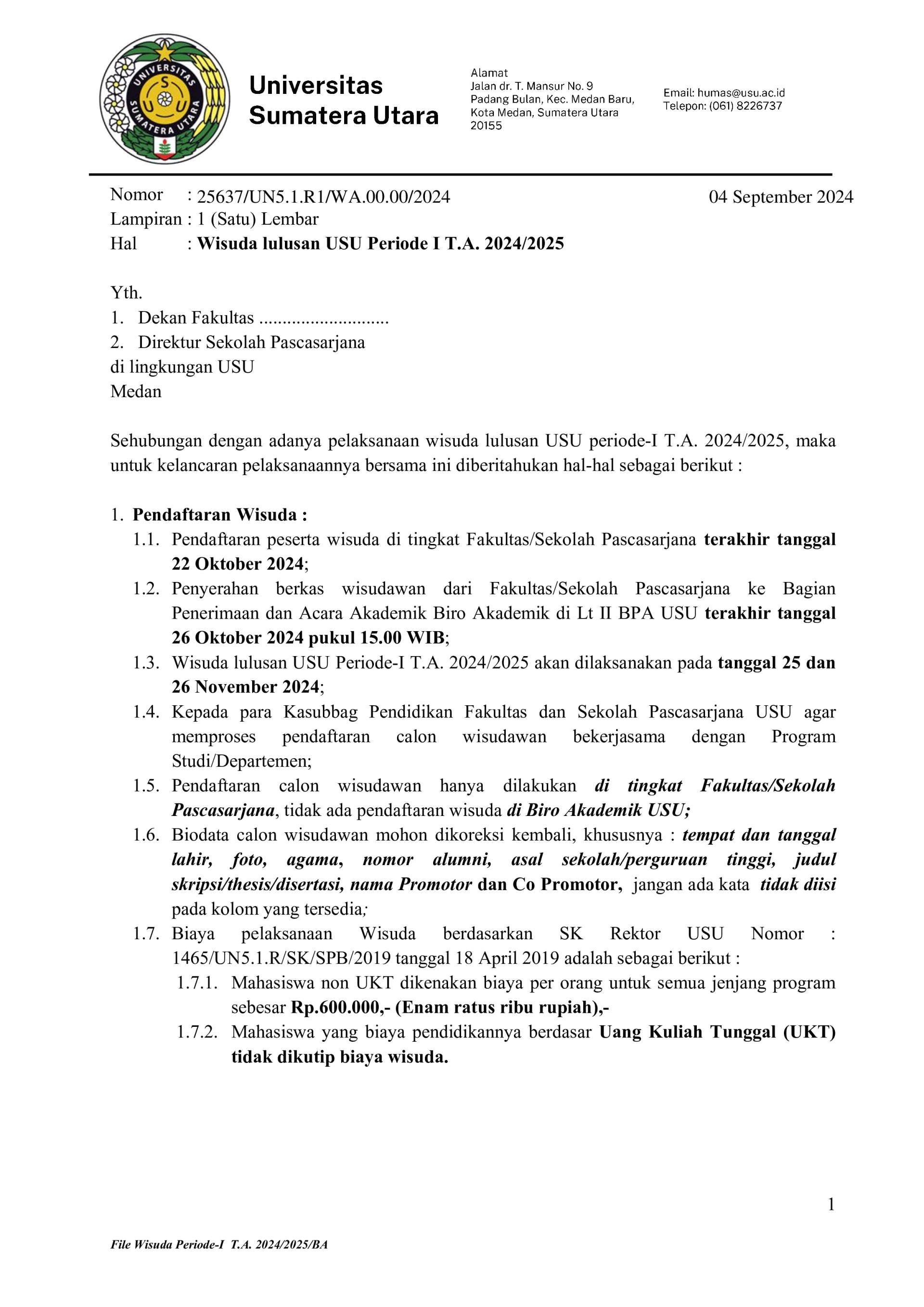 Announcement of USU Graduation Period I for the 2024/2025 Academic Year